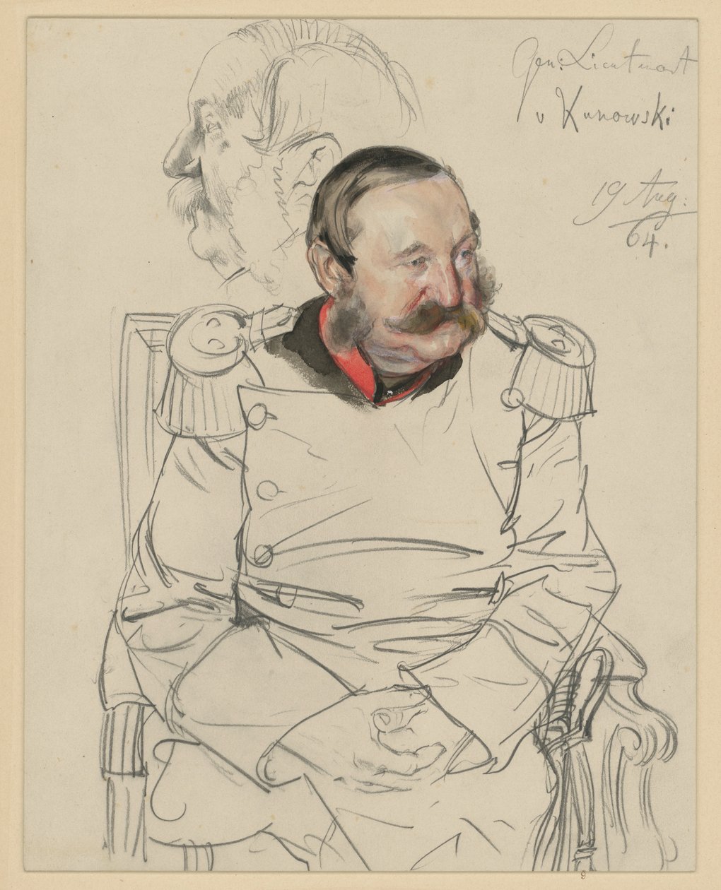 Generalløytnant von Kumowski, knestykke, sittende forfra med hodet bøyd mot venstre, til venstre: hodestudie i profil mot venstre, portrettstudie til "Kroningen av Wilhelm I i Königsberg" av Adolph Menzel