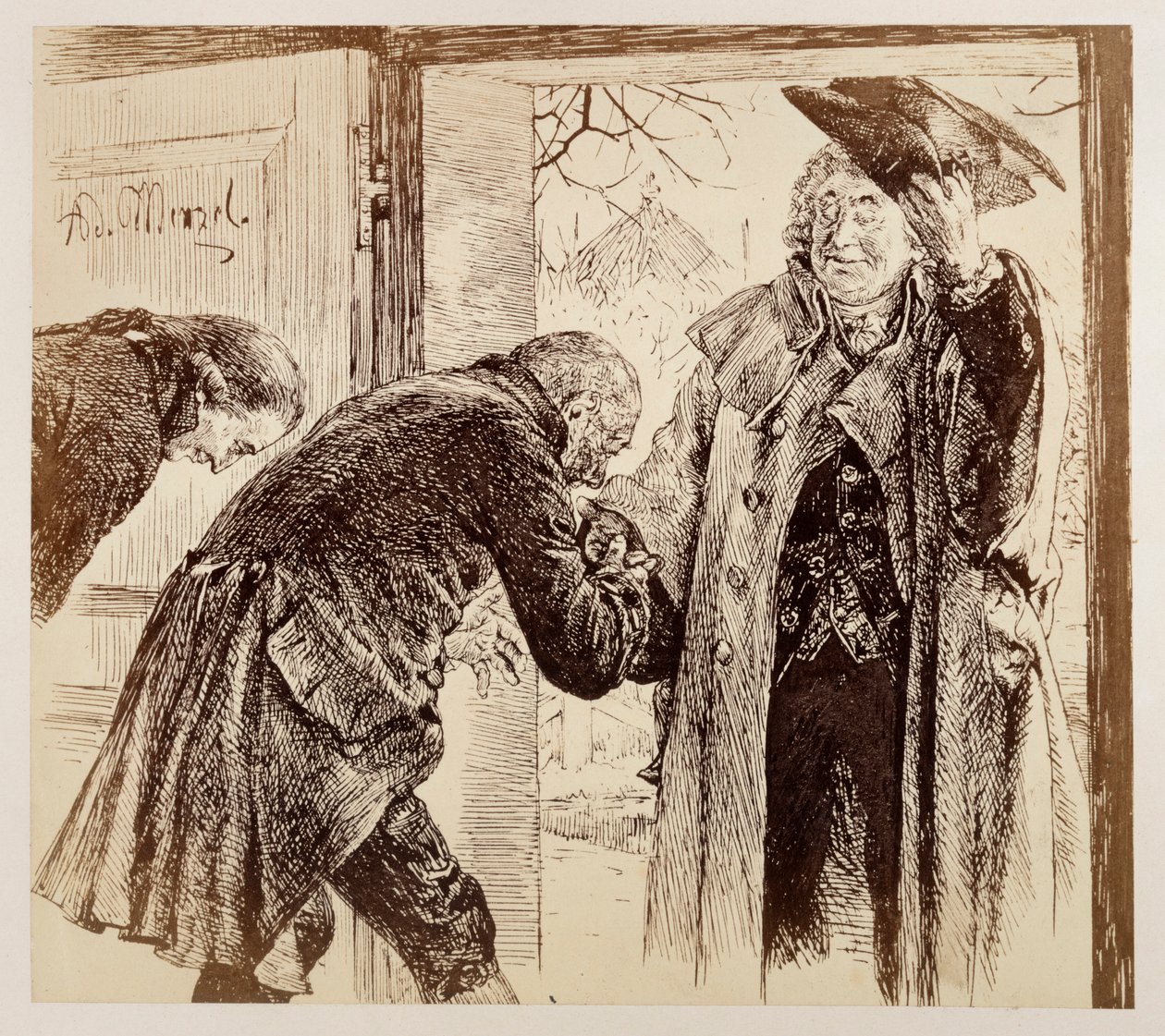 Dommer Walter kommer inn fra høyre, løfter vennlig på hatten, og blir underdanig hilst velkommen av Adam og Licht, til Heinrich von Kleists «Den knuste krukken» av Adolph Menzel