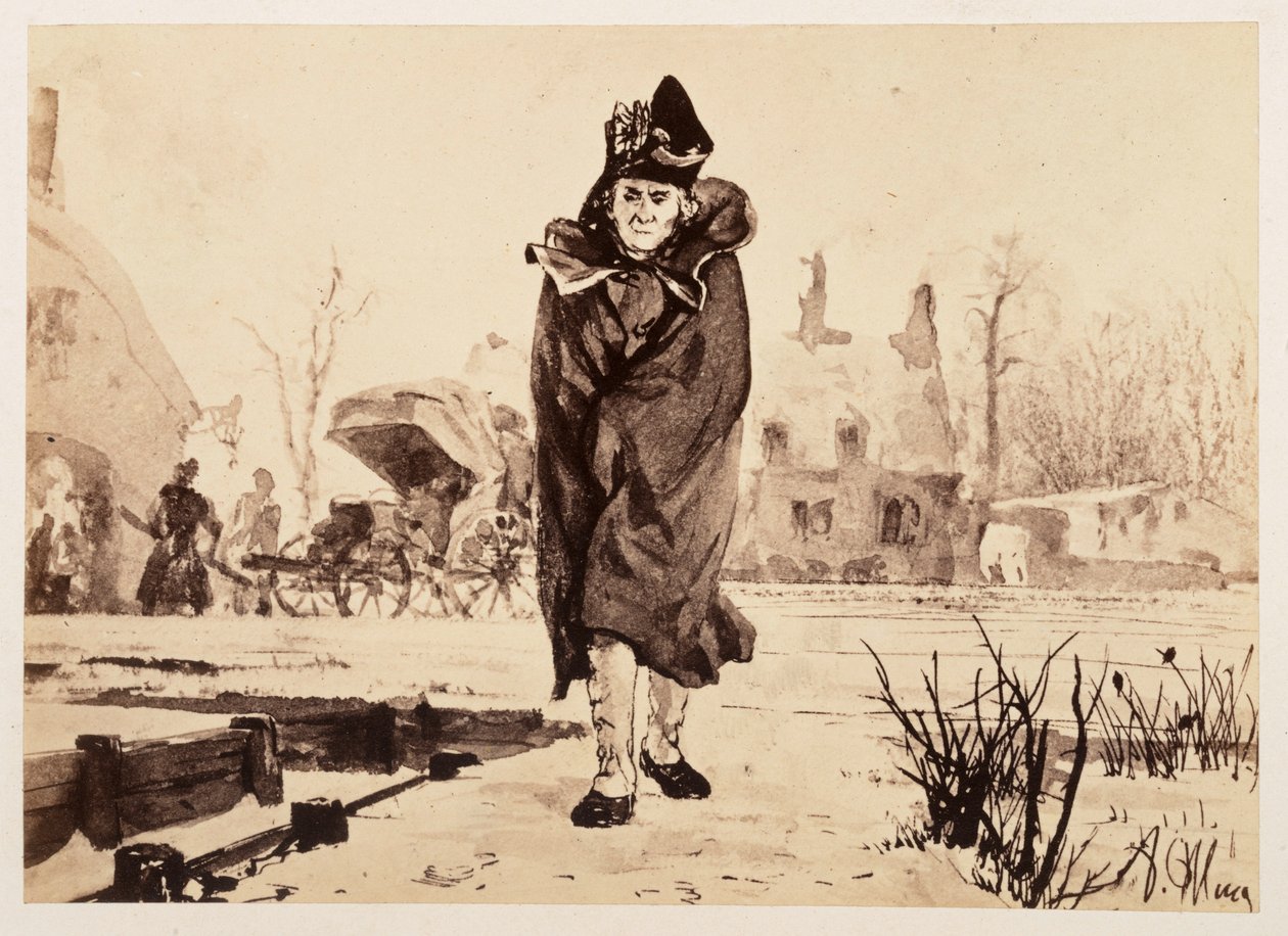 Justisråd Walther kommer frem, innhyllet i kappen sin. Bak står hans fraspente reisevogn, til Heinrich von Kleists «Den knuste krukken» av Adolph Menzel