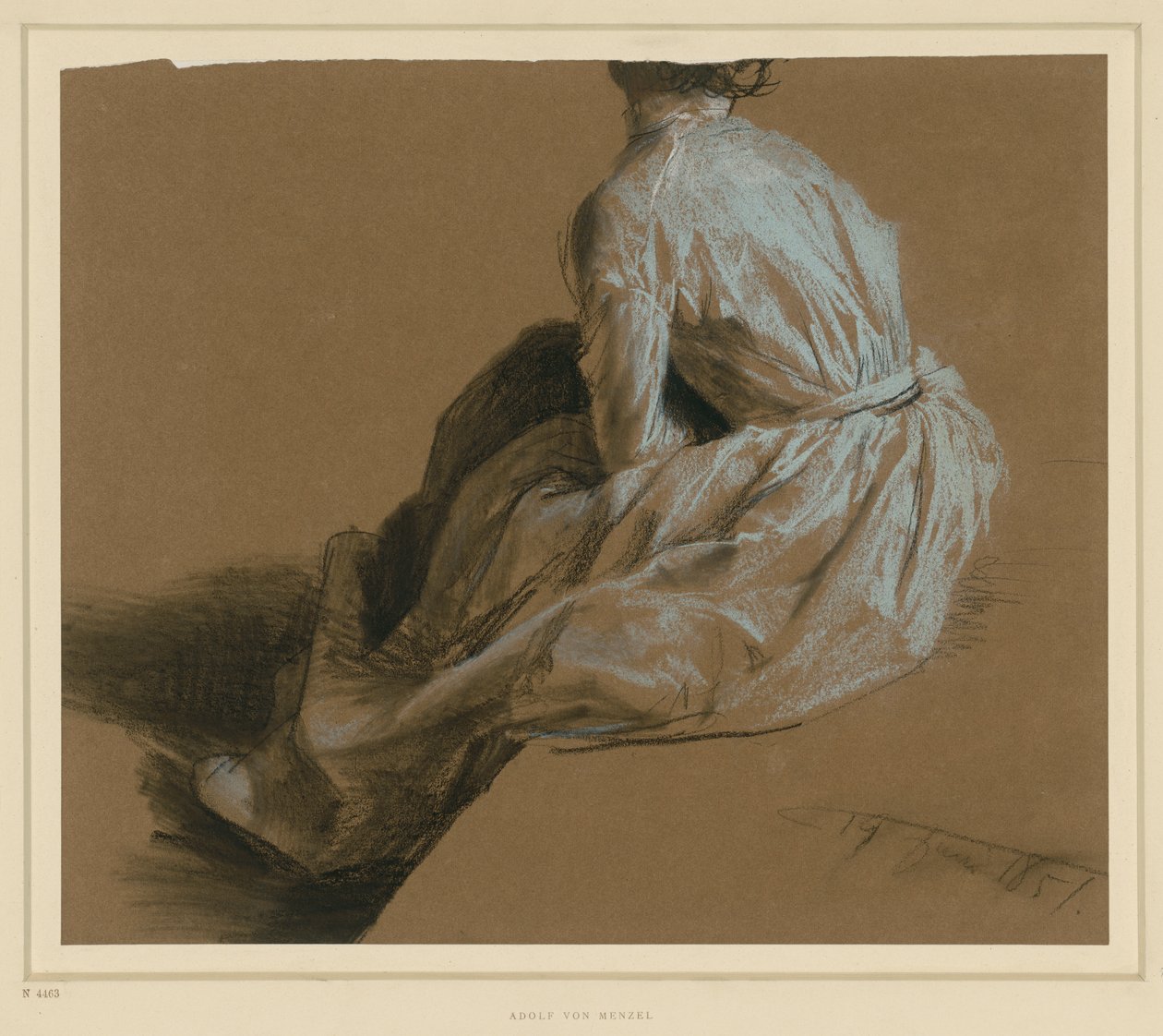 Draktstudie av en sittende dame sett bakfra av Adolph Menzel