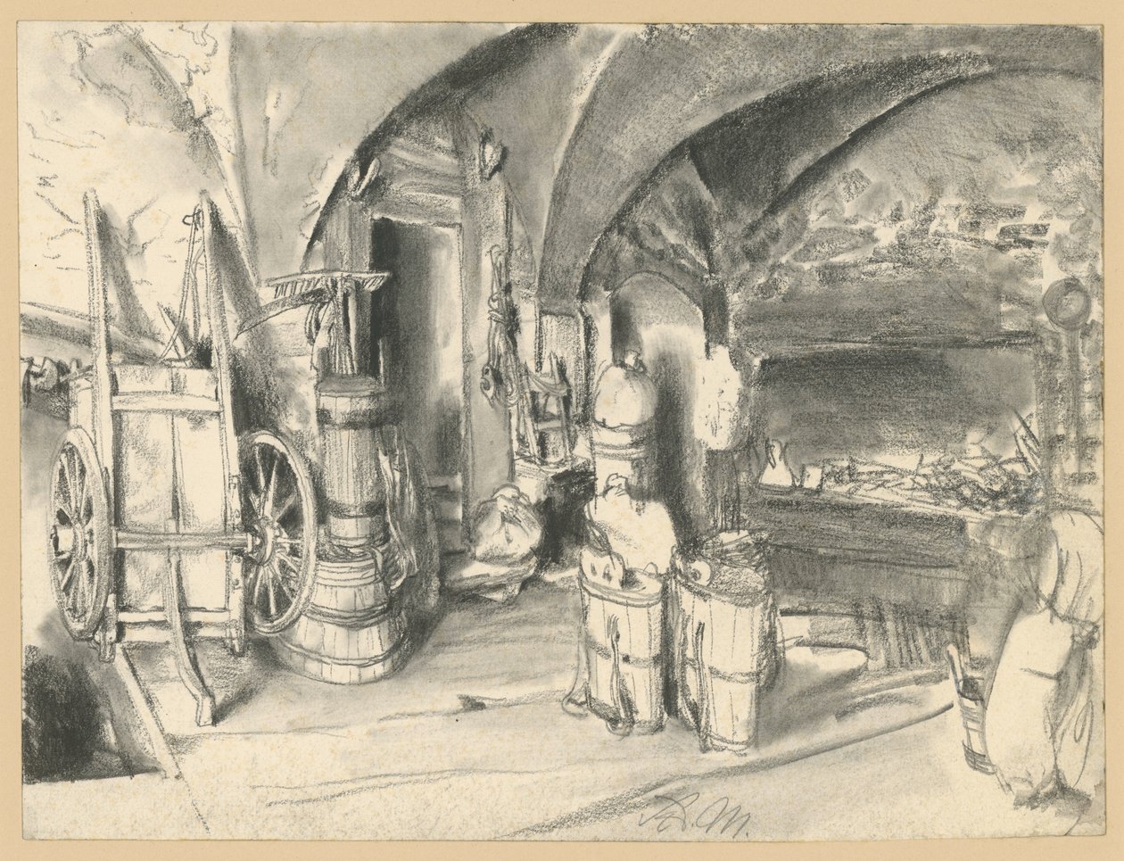 Hvelvet rom med hus- og jordbruksredskaper av Adolph Menzel