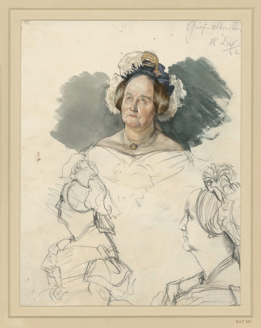 Grevinne Alvensleben, født von der Osten-Sacken. Under henne to brystbilder. Studie til maleriet "Kroningen av Vilhelm I i Königsberg" av Adolph Menzel
