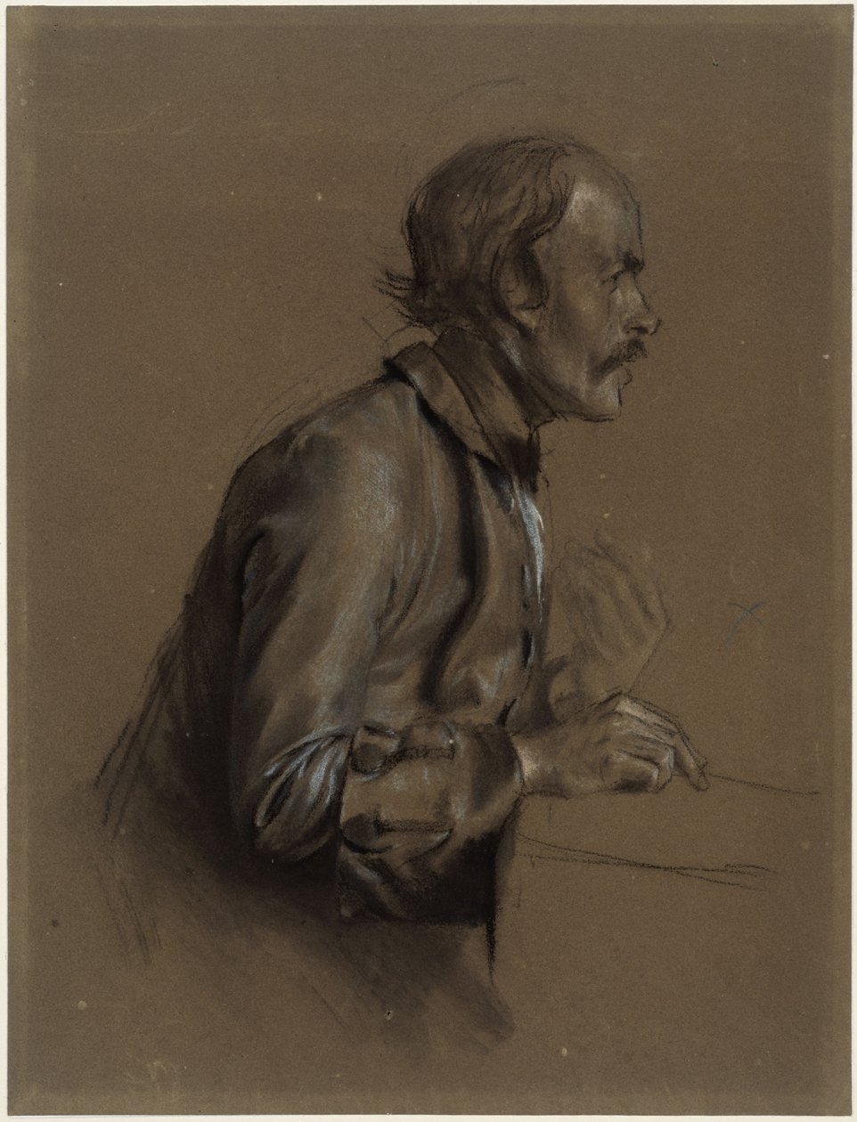 Halvfigur av en mann, sett i profil mot høyre, studie til «Ridderturneringen i Sanssouci», 1850 av Adolph Menzel