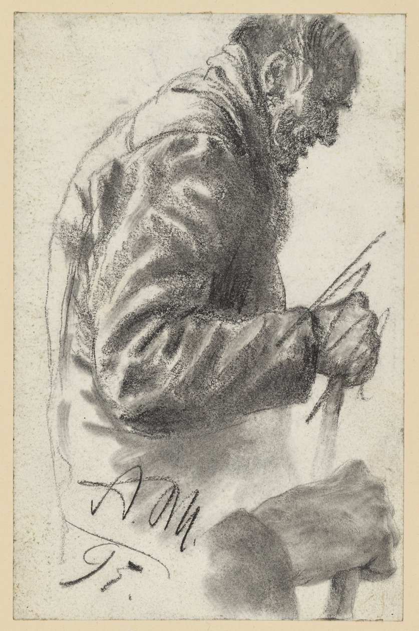Halvfigur av en gammel mann med stokk, hvis høyre hånd er forkastet og gjentatt nedenfor av Adolph Menzel