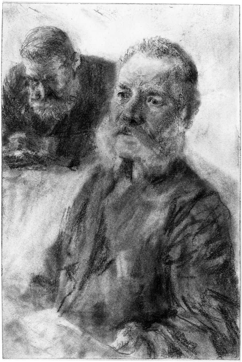 Halvfigur av en skjeggete mann, i bakgrunnen enda et brystbilde av en skjeggete mann med senket blikk av Adolph Menzel