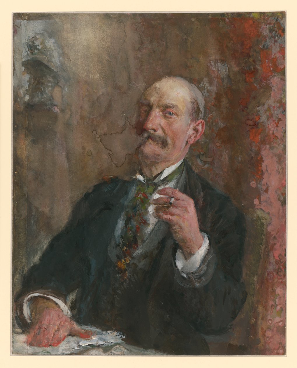 Halvfigur av en sittende mann, med høyre hånd lagt på bordplaten foran seg og en sigarett i venstre hånd av Adolph Menzel