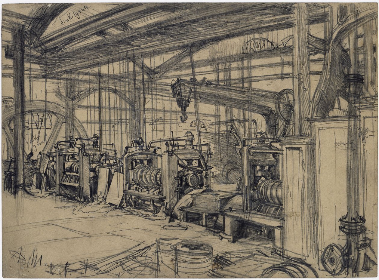 Hallen i valseverket i Königshütte. Studie om «Jernvalseverket. Moderne kykloper» av Adolph Menzel