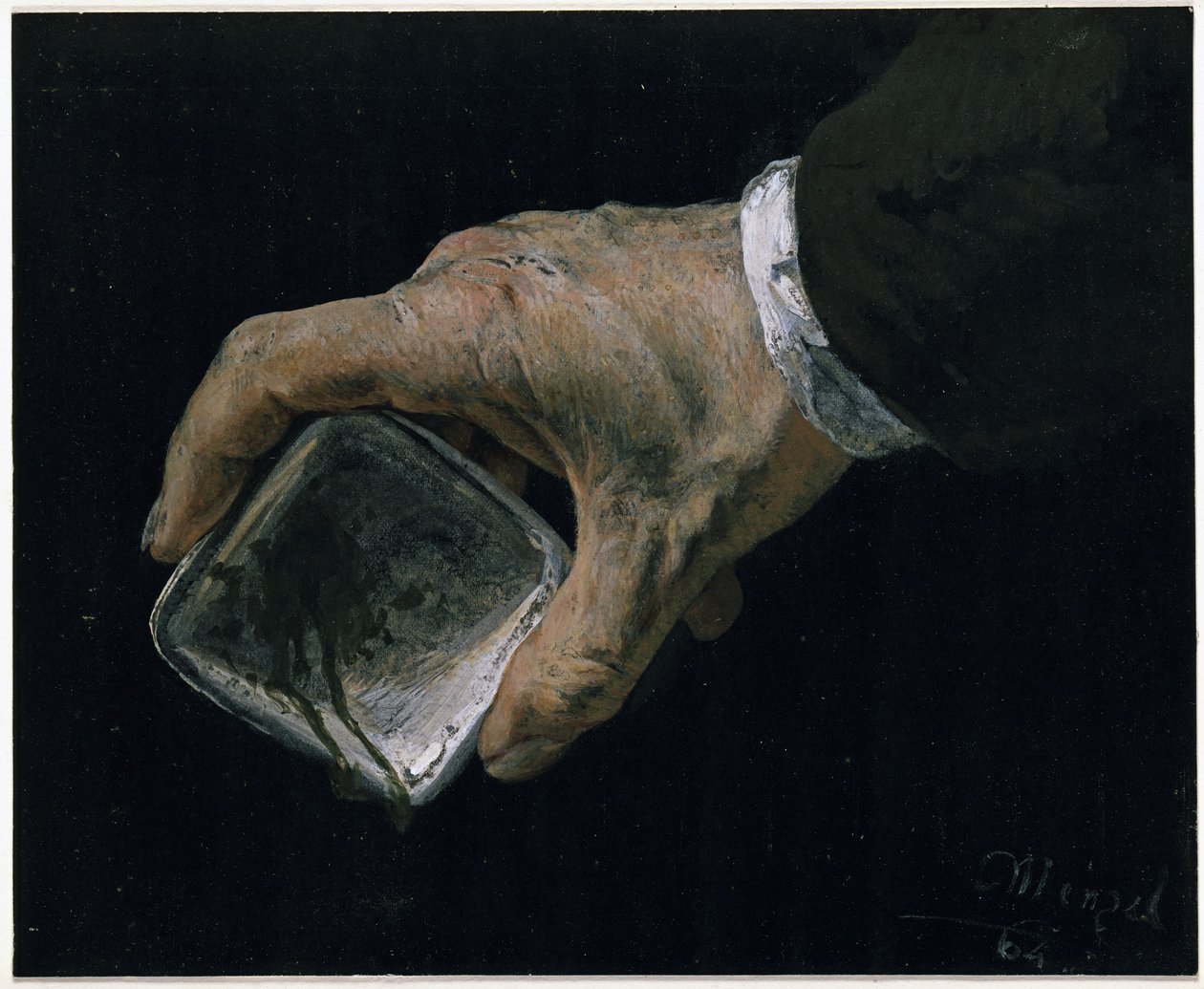 Kunstnerens hånd med fargeskål av Adolph Menzel