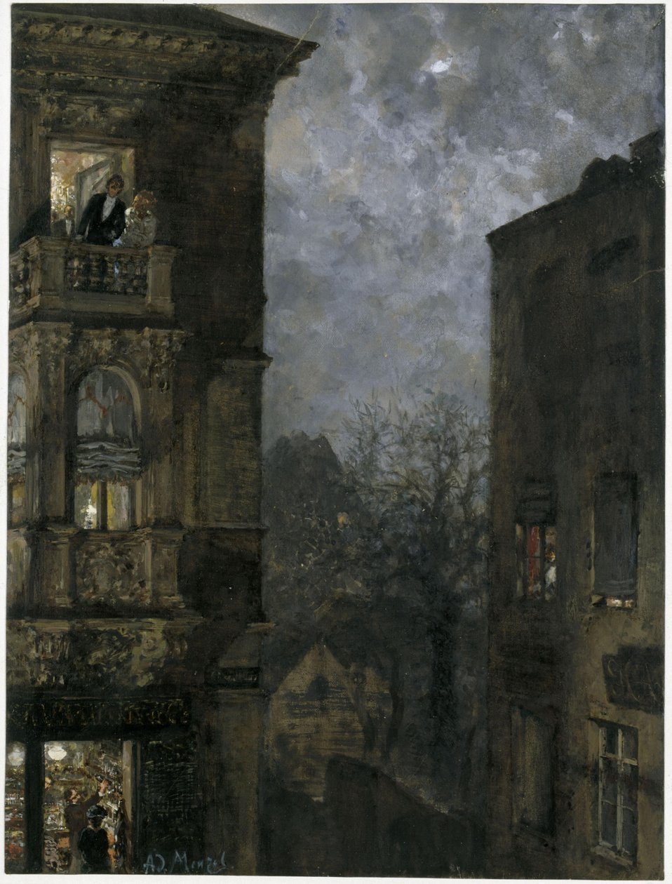 Et hjørne av huset i måneskinn. Fra «Barnealbumet» av Adolph Menzel