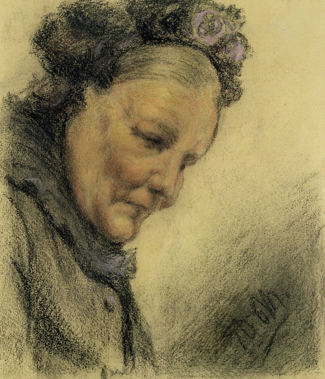 Hodet til en gammel dame (fargestift og pastell på papir) av Adolph Menzel