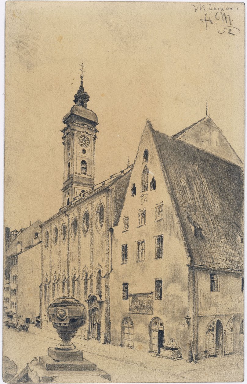 Heiliggeistkirken med det tidligere kvinnefløyen til sykehuset i Kaufinger Straße i München av Adolph Menzel