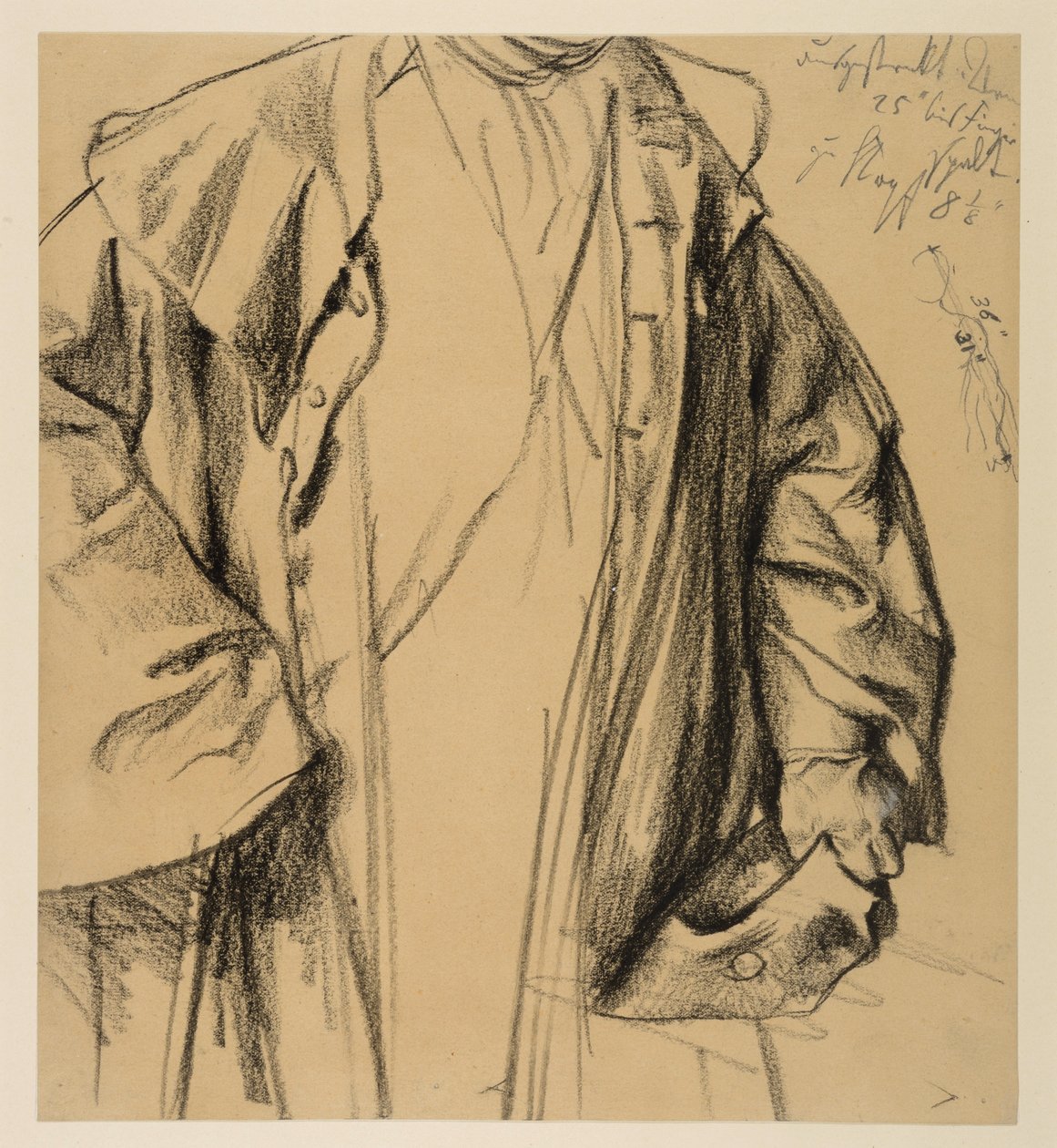 Heinrich von Kleist, Den knuste krukken: modellstudie av en offiser i frakk, hodet ikke fremstilt, halvfigur med hatt i venstre hånd og stokk i høyre av Adolph Menzel