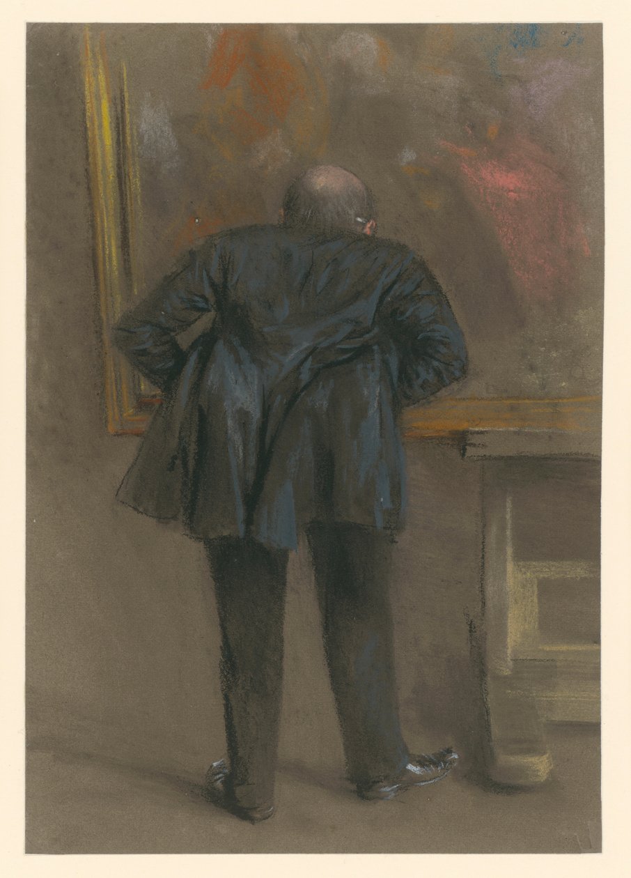En mann står foroverbøyd foran et bilde, sett bakfra av Adolph Menzel