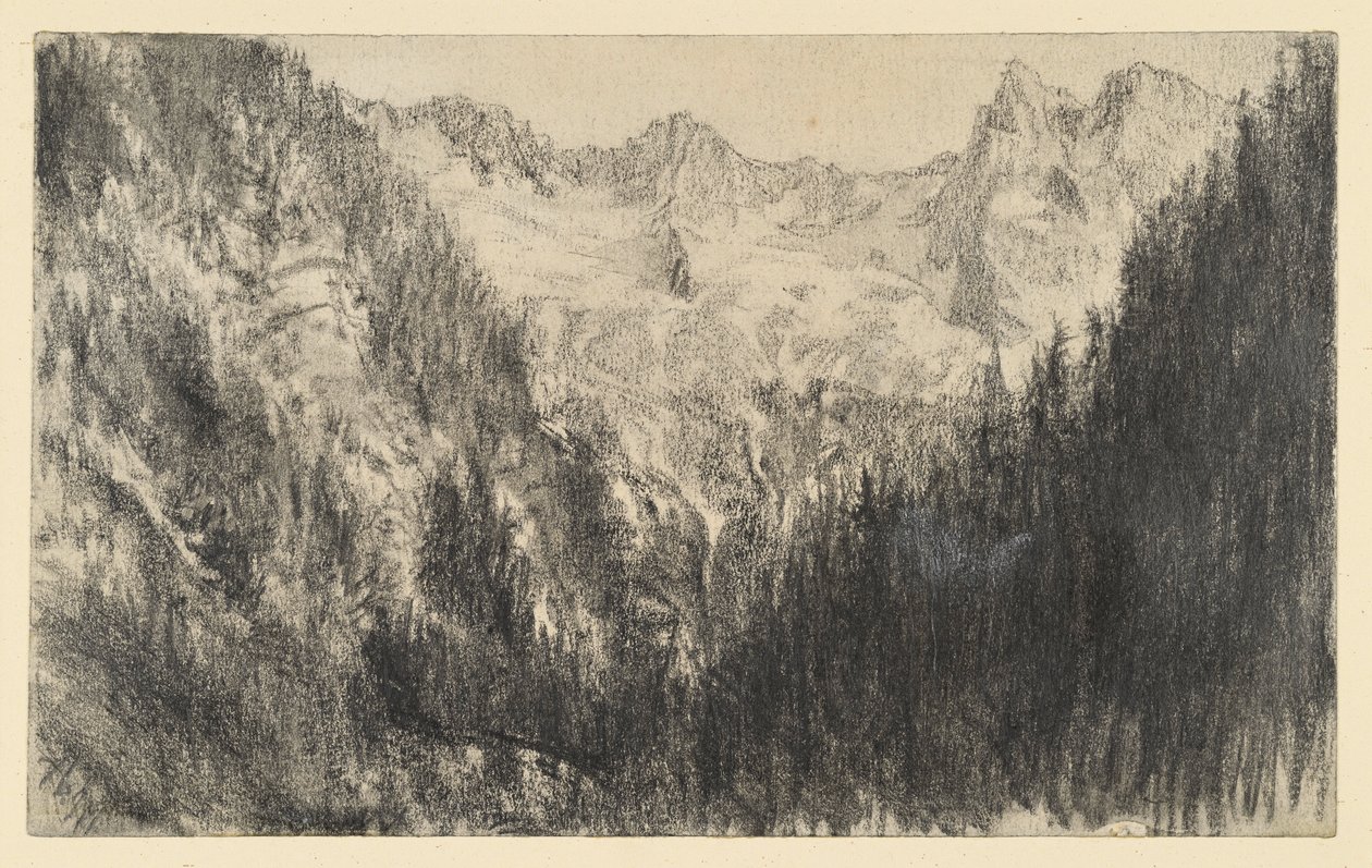 Høye fjell med granskog i forgrunnen av Adolph Menzel