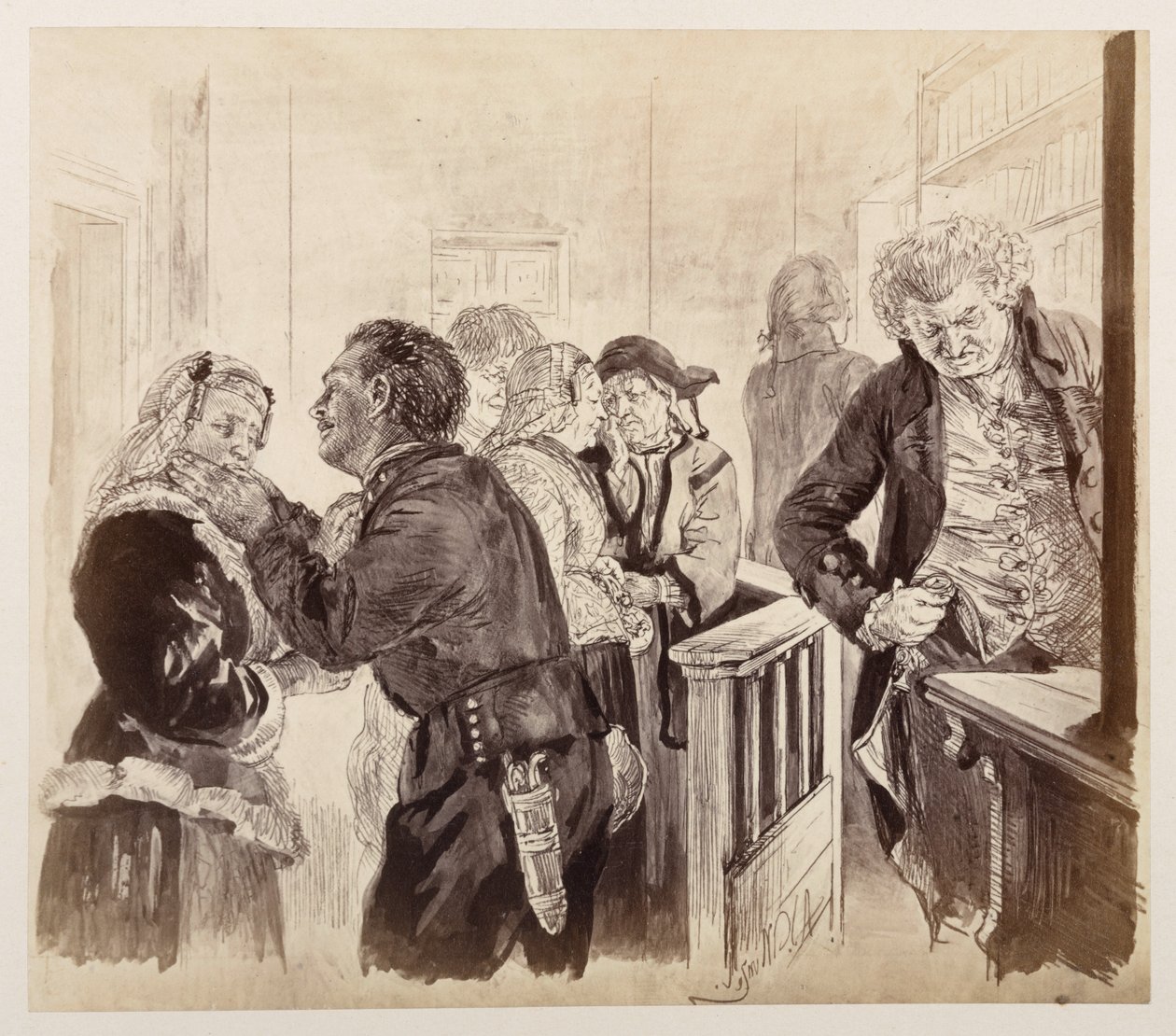 I rettssalen etter Adams flukt. Domstolsråden ser på klokken. Eva og Ruprecht forsones, til Heinrich von Kleists Den knuste krukken av Adolph Menzel