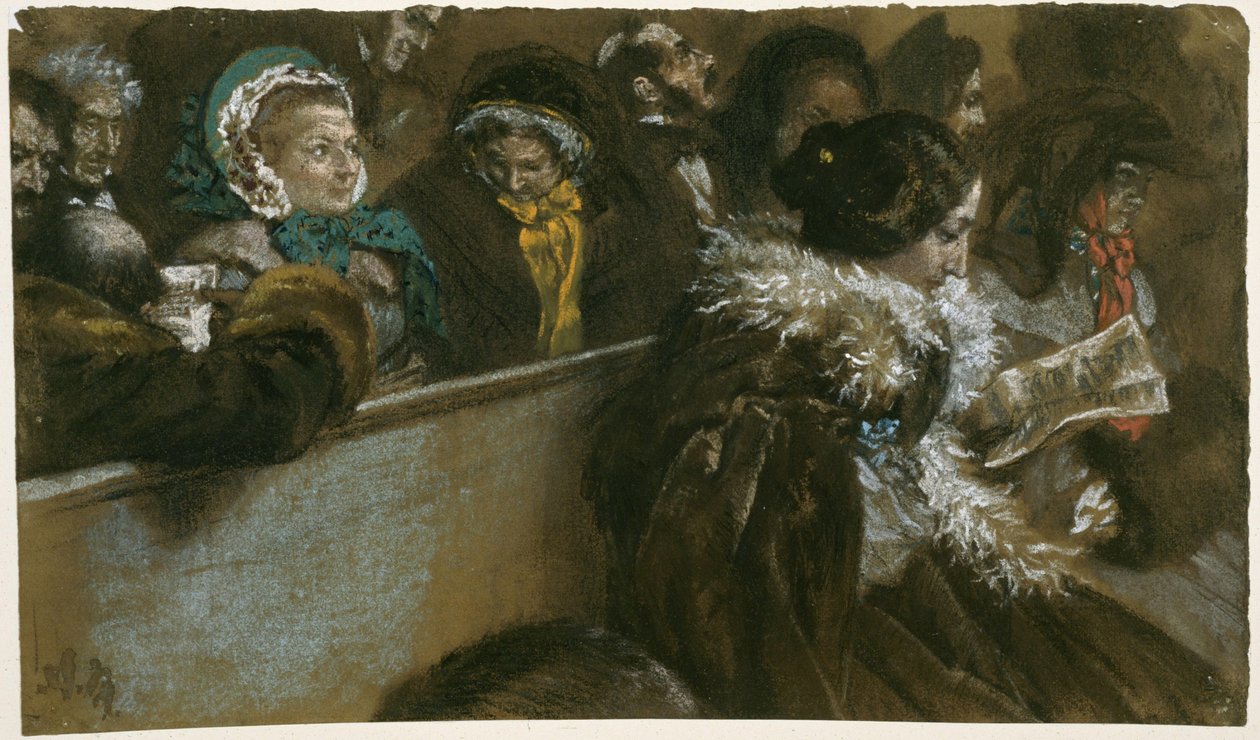I kirken sitter grupper av kvinner og menn i festantrekk på kirkebenkene og lytter av Adolph Menzel