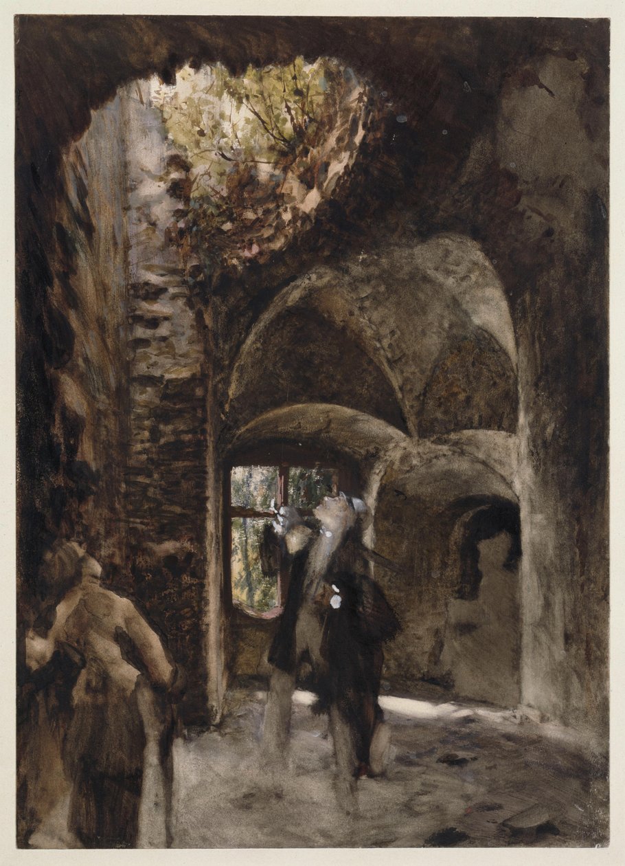 I ruinene står en herre og en dame på et trappetrinn og ser opp mot et stort hull i hvelvet av Adolph Menzel