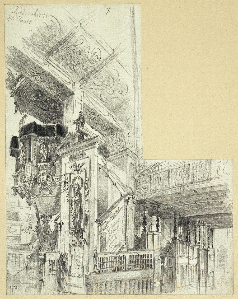 Interiør med prekestol i Fredskirken i Jawor av Adolph Menzel