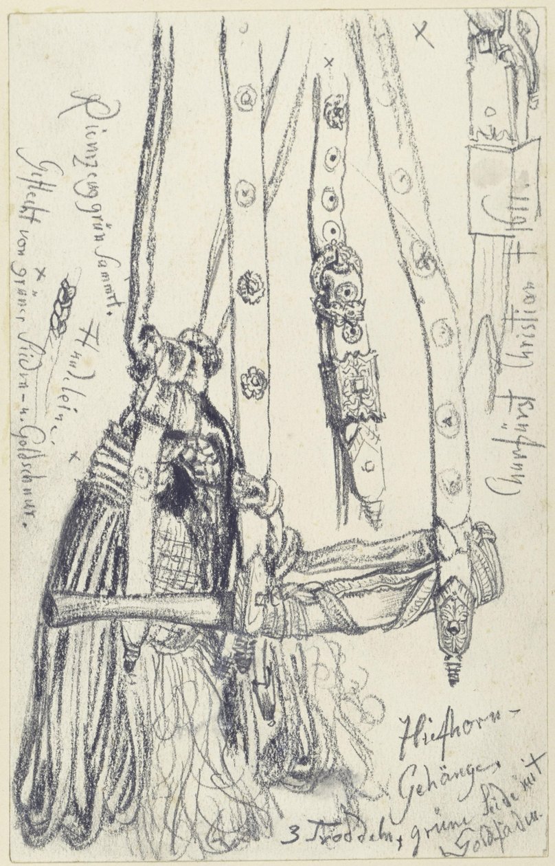 Jakthorn, hornreim og hornsnor til Johan Georg I av Sachsens jaktvåpensett med smaragder, Historisk museum, Dresden av Adolph Menzel