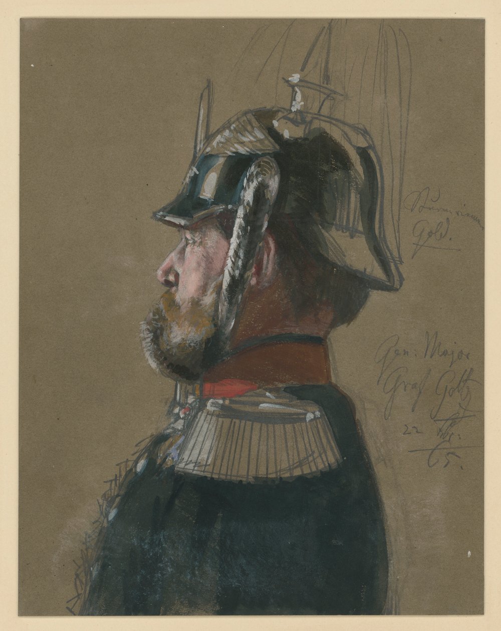 Karl Friedrich greve von Goltz, generalmajor, brystbilde med hjelm og kårde, profil mot venstre, portrettstudie til «Kroningen av Wilhelm I i Königsberg» av Adolph Menzel