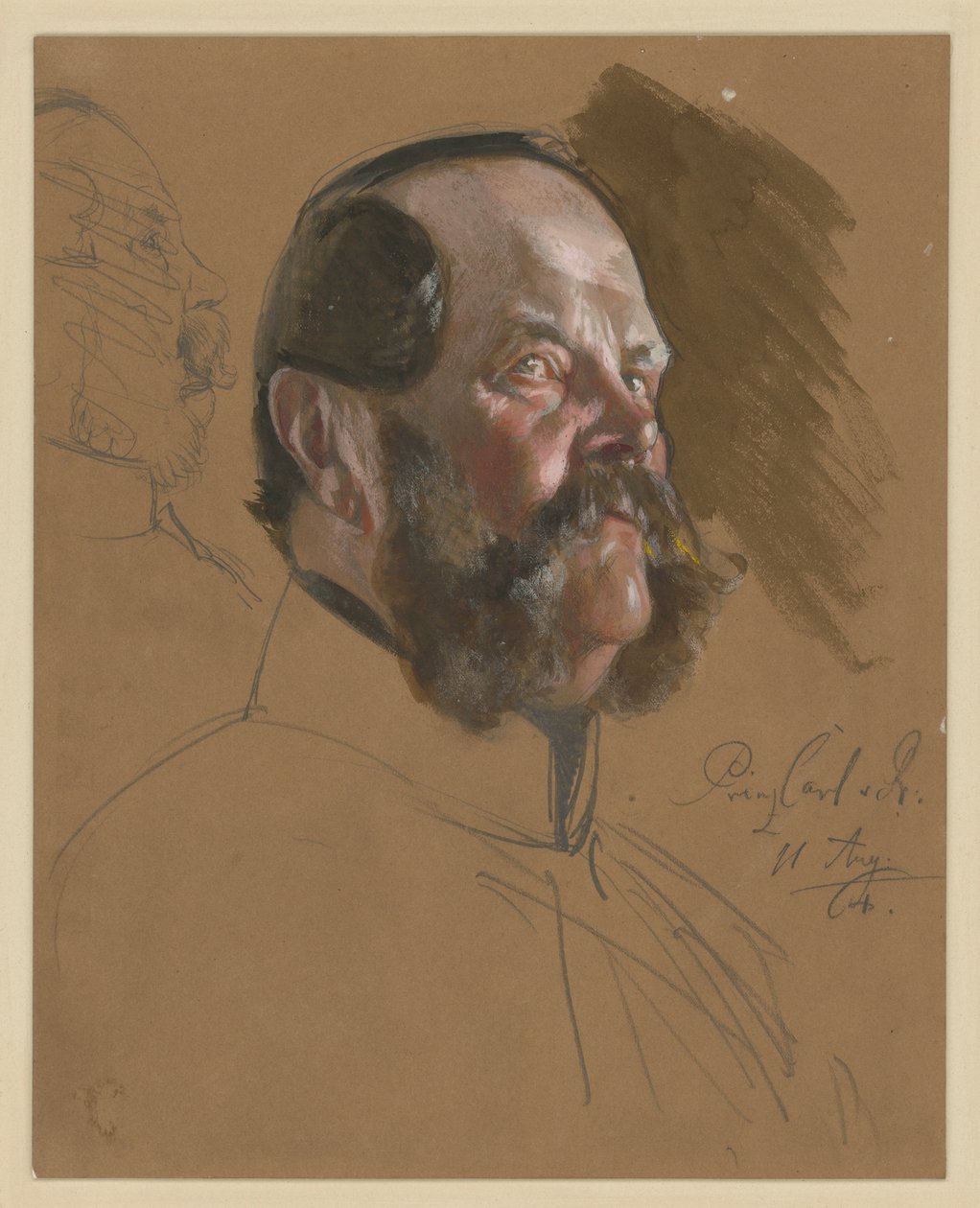 Prins Karl av Preussen, brystbilde i trekvartprofil mot høyre sett nedenfra, til venstre: ansikt i profil mot høyre (overstrøket), portrettstudie til "Kroningen av Vilhelm I i Königsberg" av Adolph Menzel