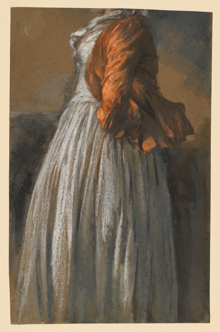Studie av kjole og jakke på en stående kvinnelig figur vendt mot høyre av Adolph Menzel