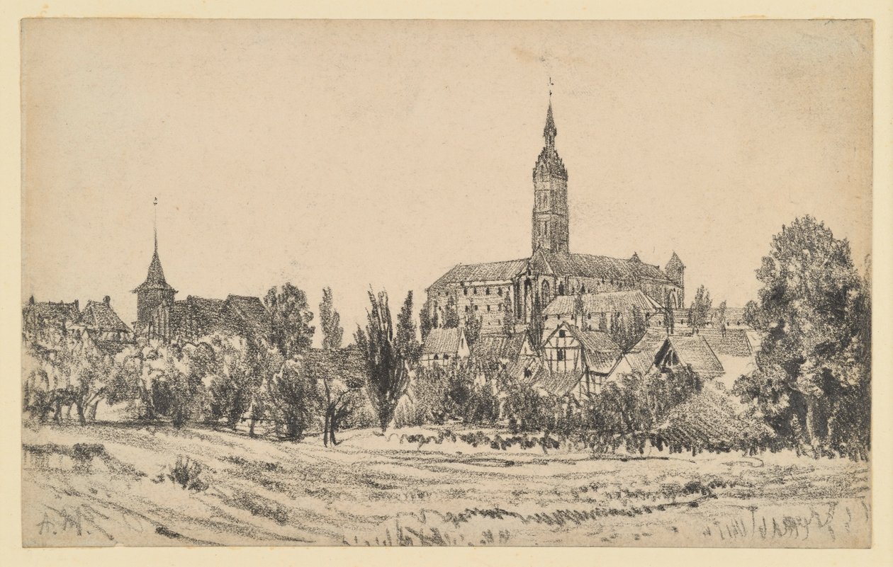 Liten by med høyt kirketårn av Adolph Menzel