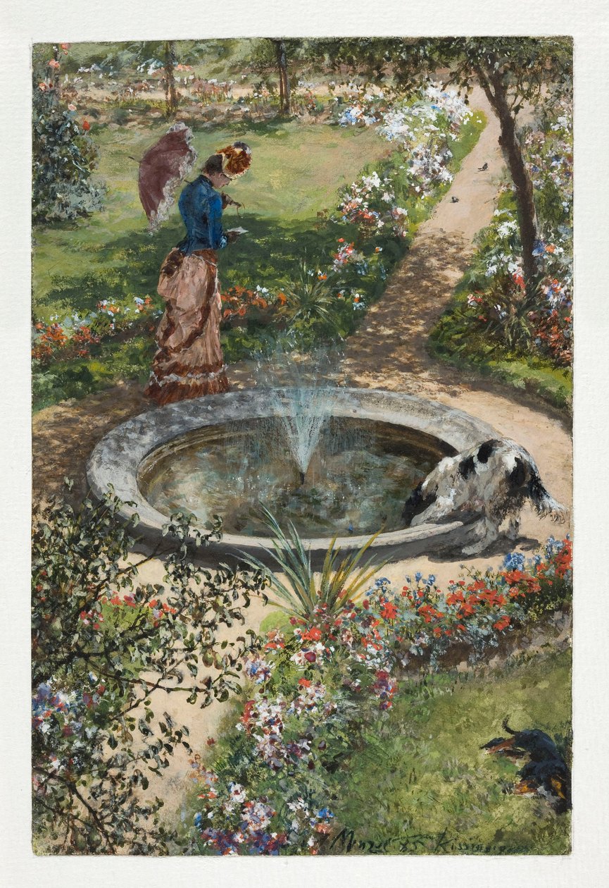 En kvinne som spaserer rundt en fontene i kurparken i Kissingen av Adolph Menzel