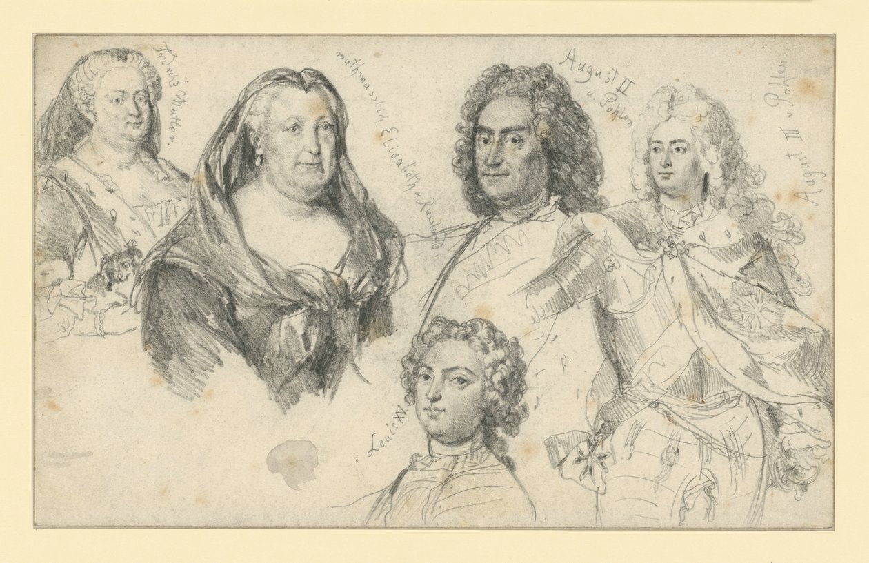 Dronning Sophie Dorothea av Preussen, keiserinne Elisabeth av Russland, kong August II av Polen, kong August III av Polen, Ludvig XV av Frankrike av Adolph Menzel