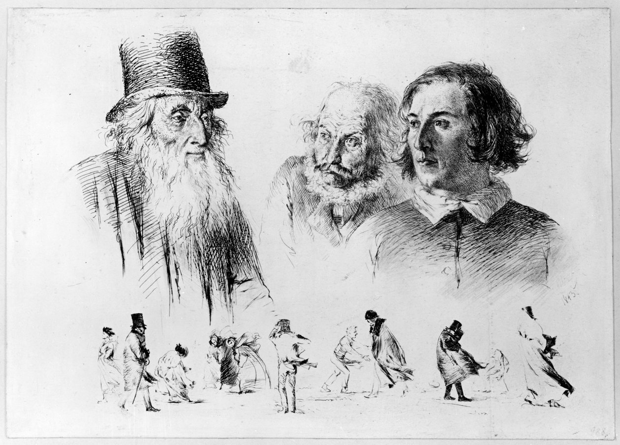 Hode- og figurstudier, blad 2 fra serien «Radir-forsøk» av Adolph Menzel