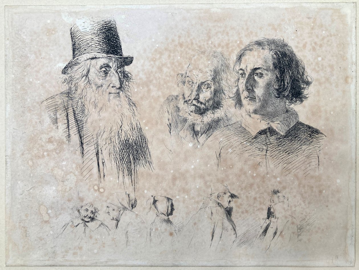 Hode- og figurstudier, blad 2 fra serien «Radir-forsøk» av Adolph Menzel