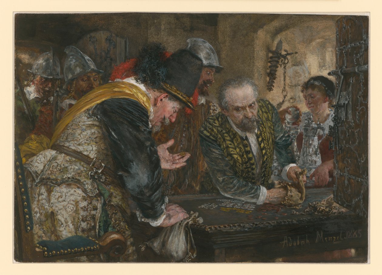 Krigsskatt, soldater - deres kaptein til venstre - mottar penger og sølv fra en eldre mann av Adolph Menzel