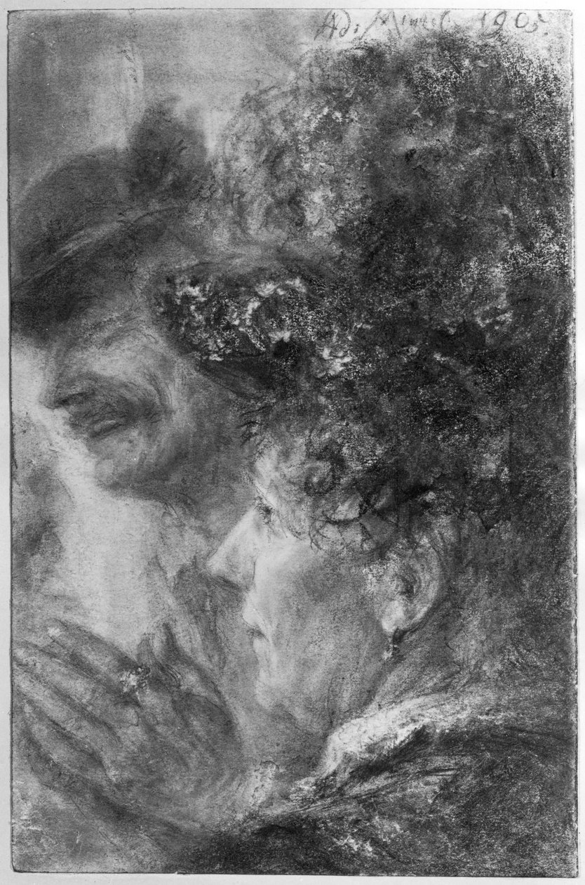 Hodet til en dame med hatt og et brystbilde av en lattermild mann med rund hatt av Adolph Menzel