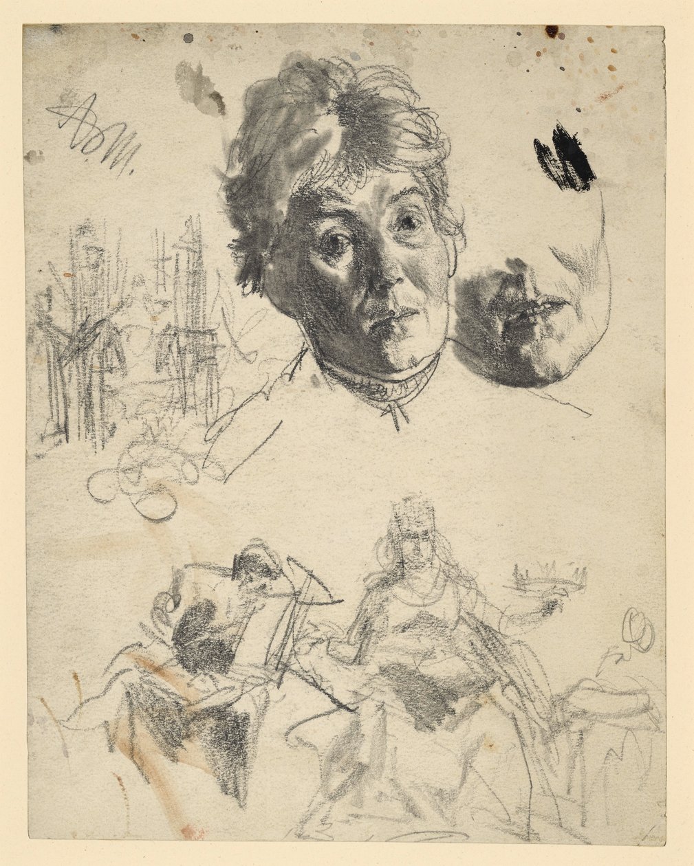 Hodet til en eldre kvinne, med gjentatt hakeparti, arkitektonisk skisse, figurativ skisse til en allegori av Adolph Menzel