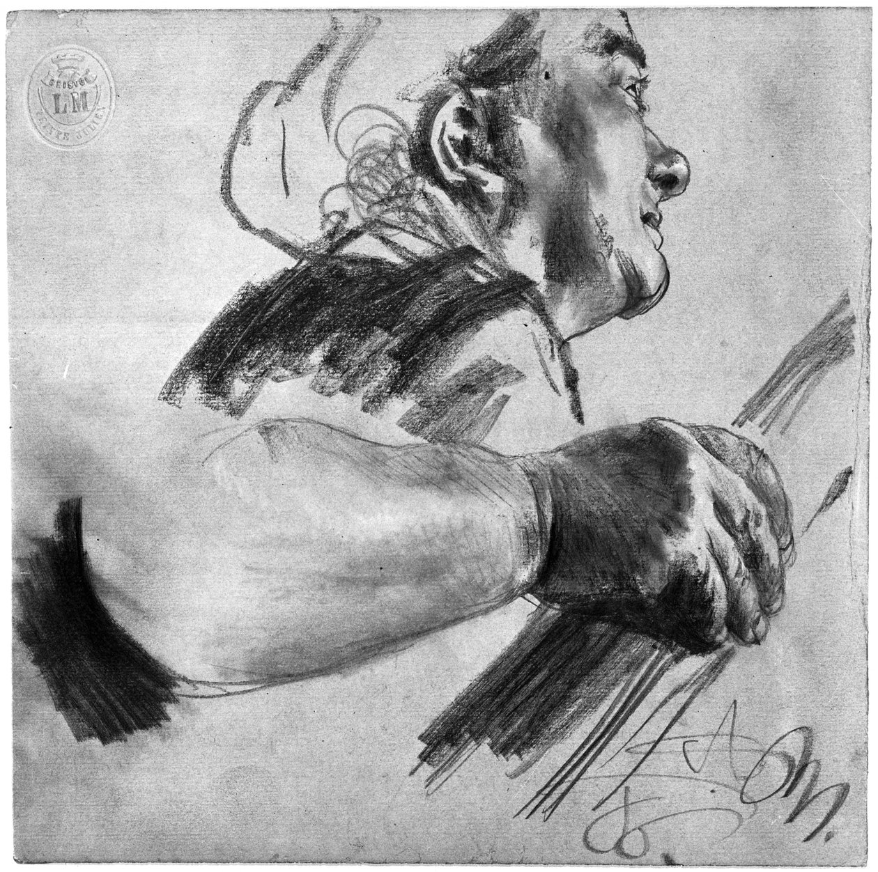 Hodet til en eldre kvinne, bøyd litt mot høyre, høyre underarm med hånden av Adolph Menzel