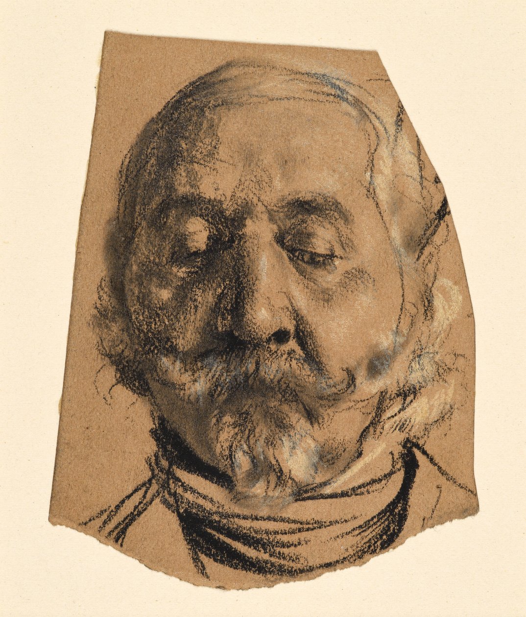 En manns hode med bart, fippskjegg og lukkede øyne av Adolph Menzel