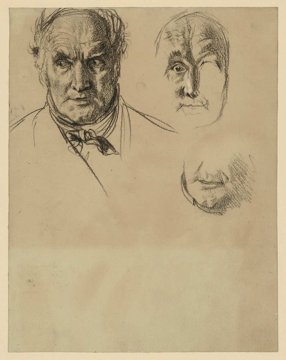 Hodestudie av en eldre mann med halstørkle og to detaljstudier av ansiktet av Adolph Menzel