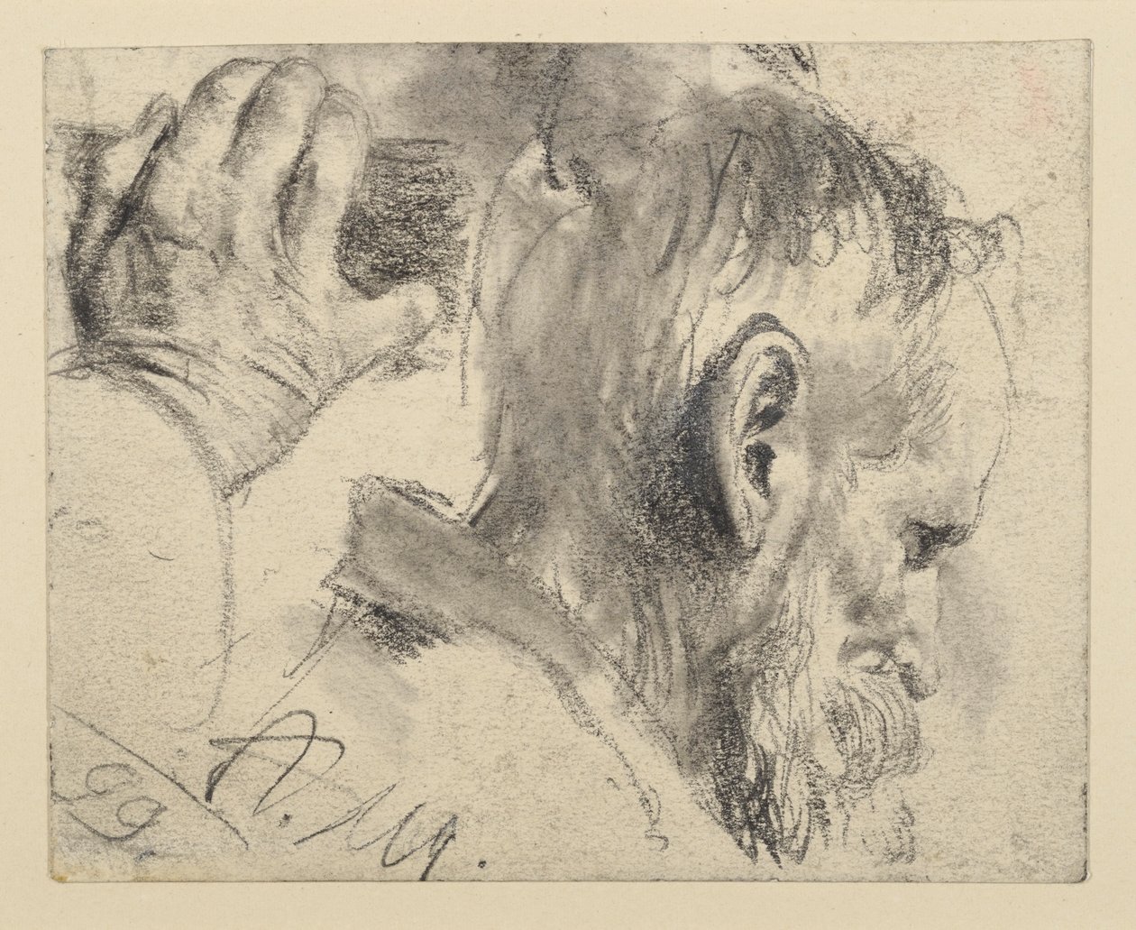 Hodet av en skjeggete mann, litt senket, vendt mot høyre, og høyre hånd av Adolph Menzel