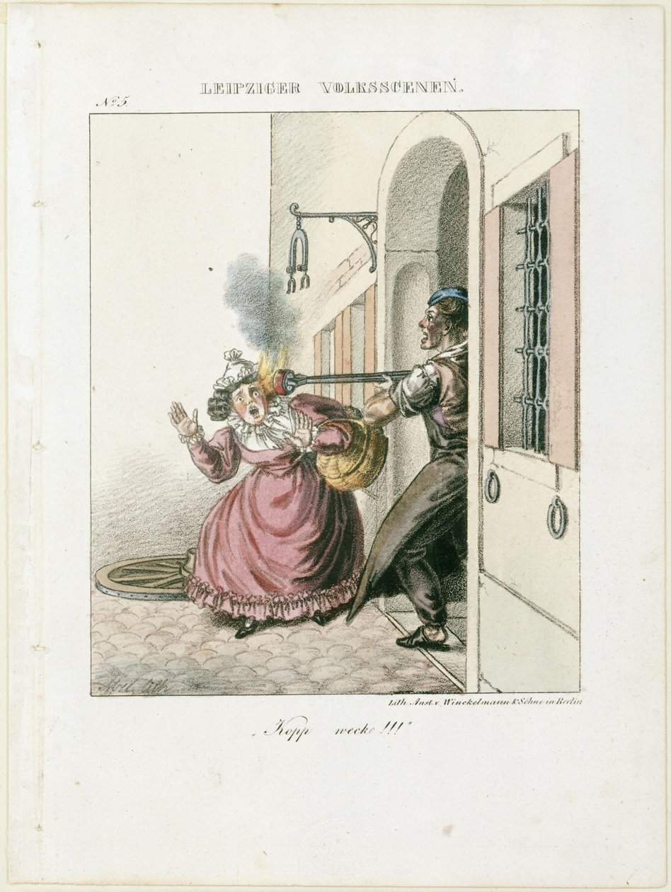 «Flytt hodet!». Fra: Folkelivsscener fra Leipzig av Adolph Menzel