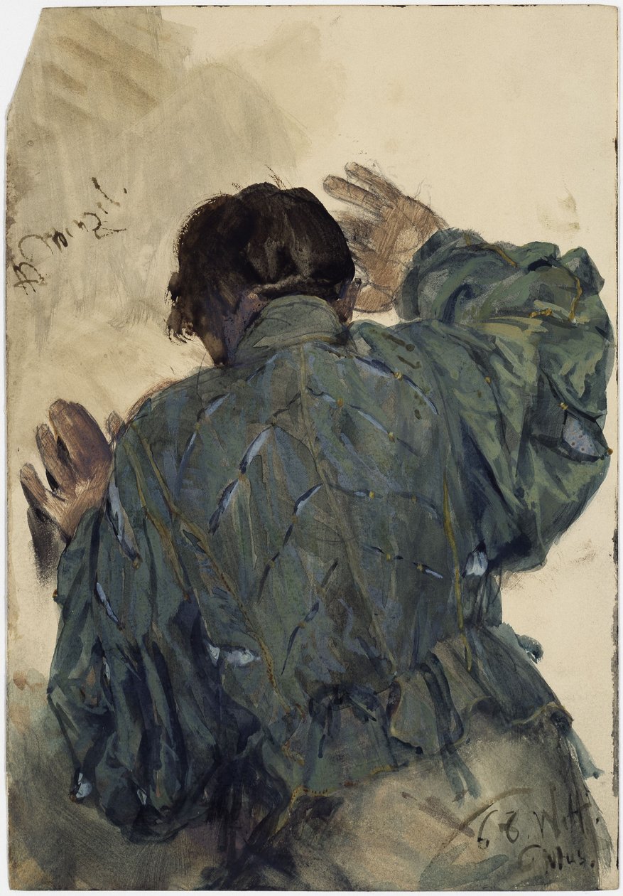 Kostymestudie av en mann sett bakfra, som lener seg mot veggen, Welfenmuseum i Hannover av Adolph Menzel