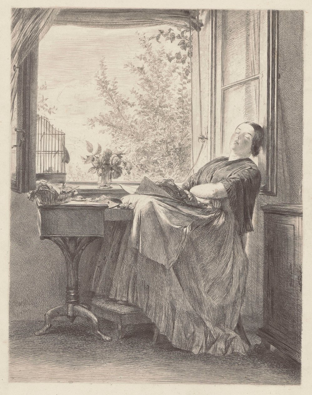 Syerske som sover ved vinduet (Emilia, Menzels søster, senere fru Krigar). av Adolph Menzel