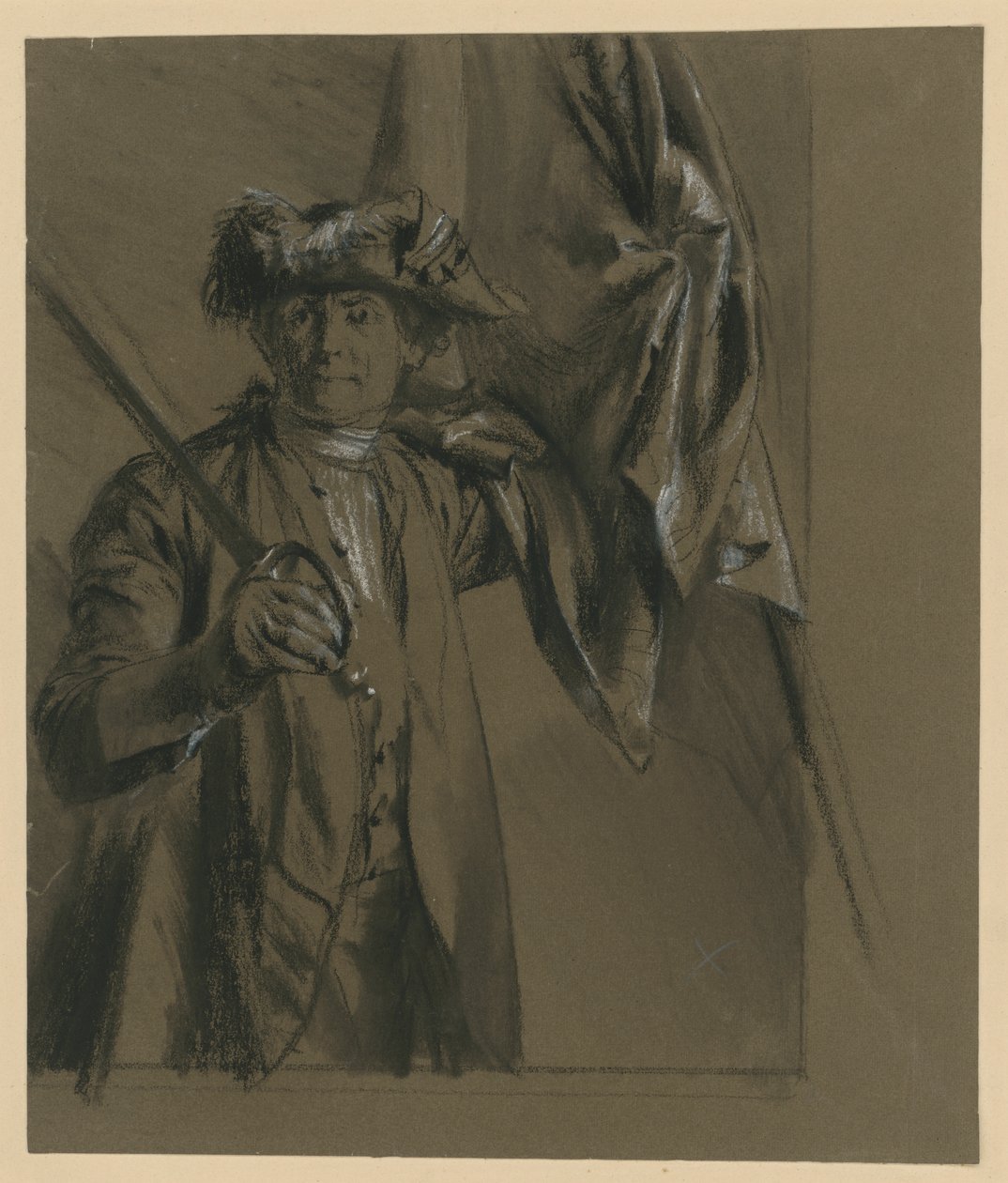 Kurt Christoph, greve von Schwerin, prøyssisk generalfeltmarskalk med fane og kårde, modellstudie til «Fra kong Fredriks tid. Krigs- og fredshelter», 1856 (til Bock 1070) av Adolph Menzel