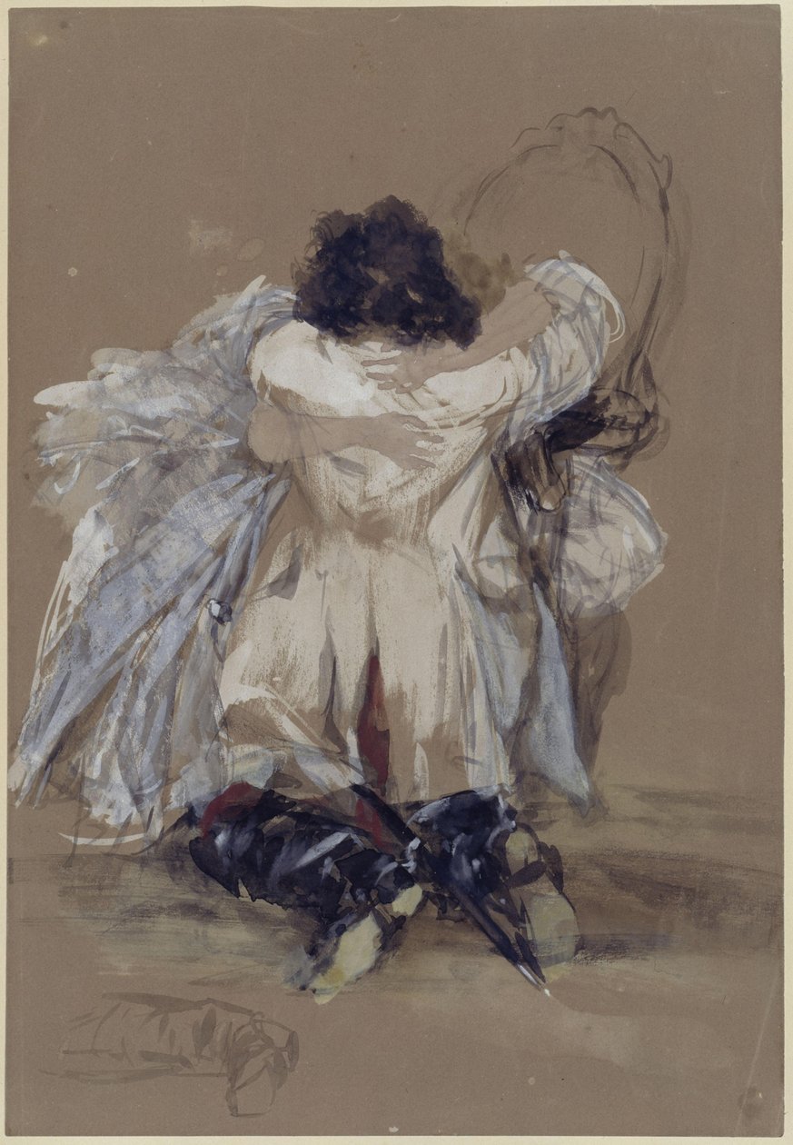 Forelsket par, foran damen som sitter i en lenestol har herren i prøyssisk offisersuniform sunket på kne, de omfavner hverandre av Adolph Menzel