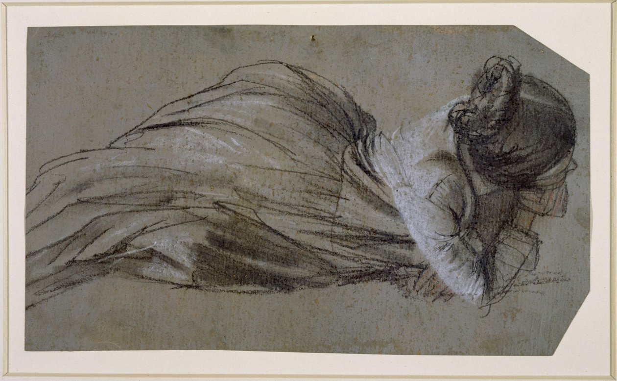 Liggende kvinnelig figur med støttet arm mot høyre (Menzels søster Emilie) av Adolph Menzel