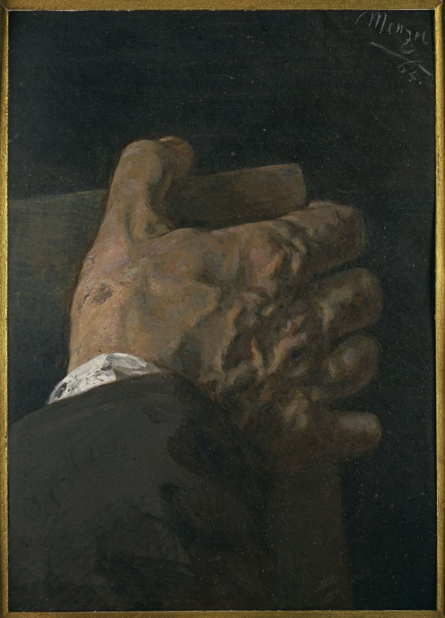 Mannshånd som holder en plate av Adolph Menzel