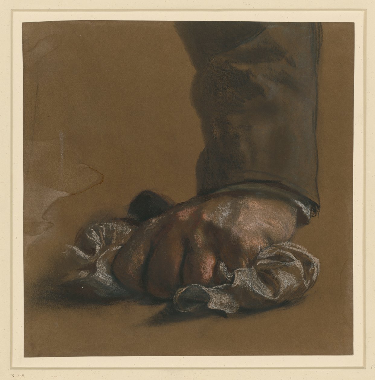 Studie av en mannlig hånd og erme. Hånden griper tak i et tøystykke av Adolph Menzel