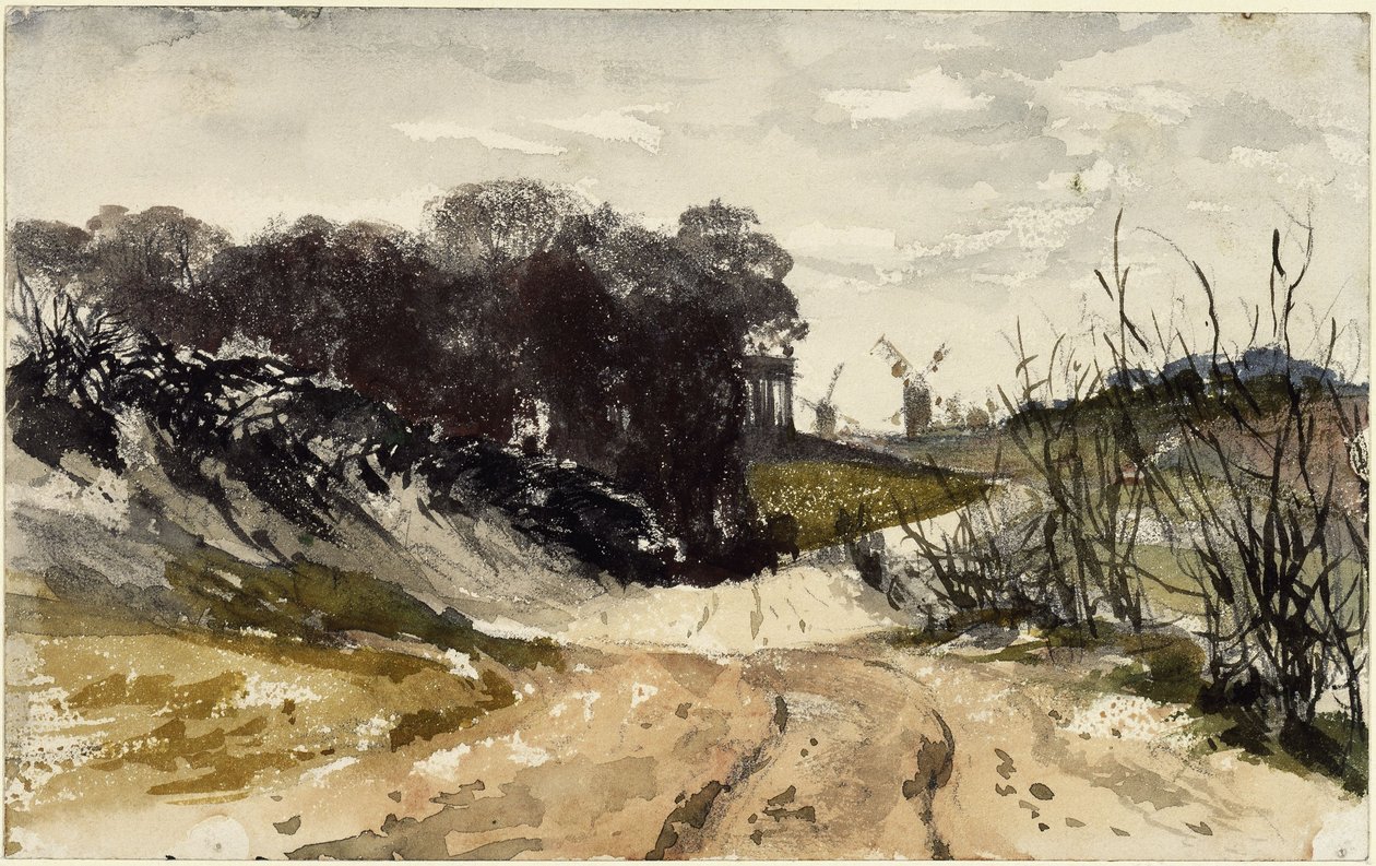Markisk landskap med vindmøller i bakgrunnen av Adolph Menzel