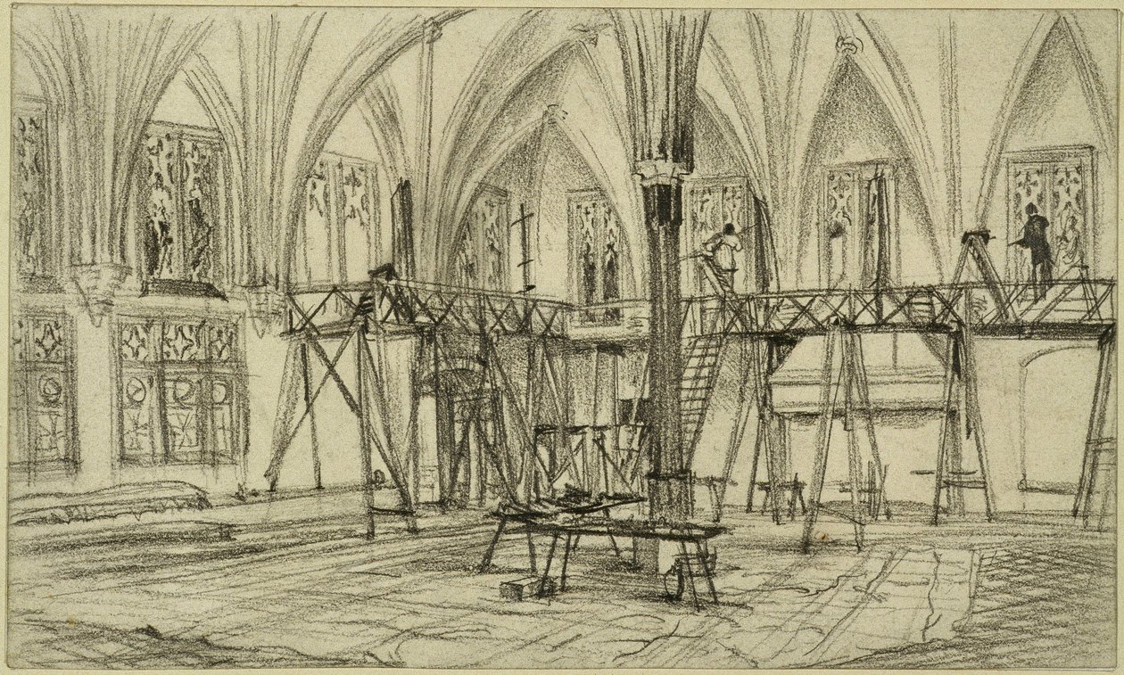 Malere på stillaser i sommerrefektoriet på Marienburg slott av Adolph Menzel