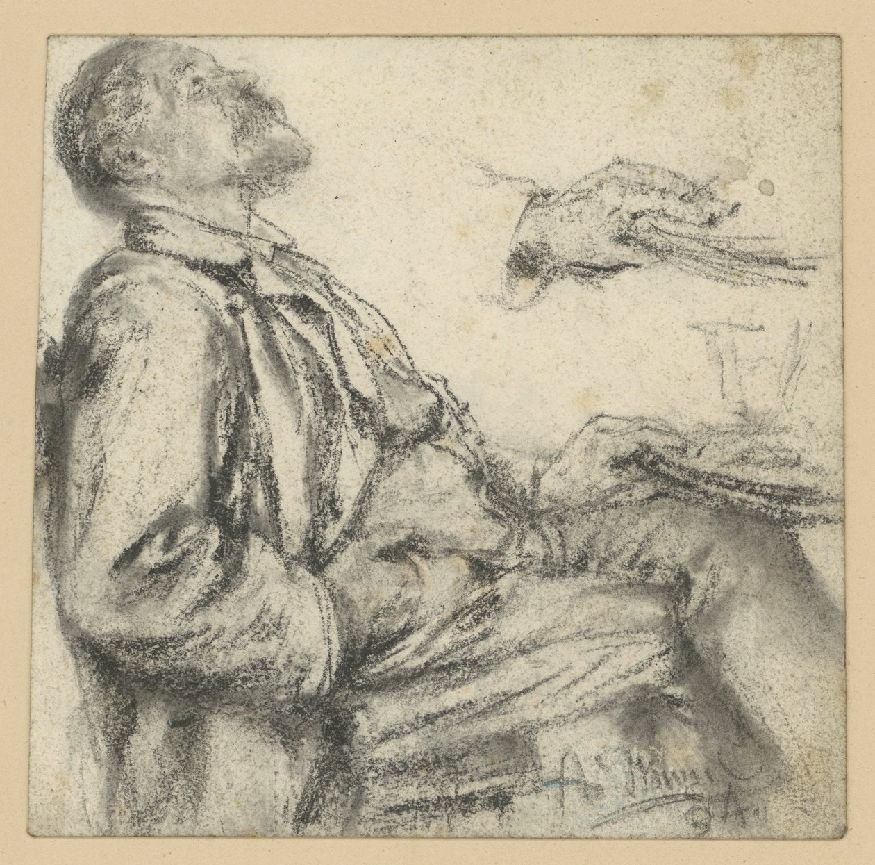 Mann som sitter ved et bord, vendt mot høyre, med hodet tilbakelent og blikket rettet oppover, samt en håndstudie av Adolph Menzel