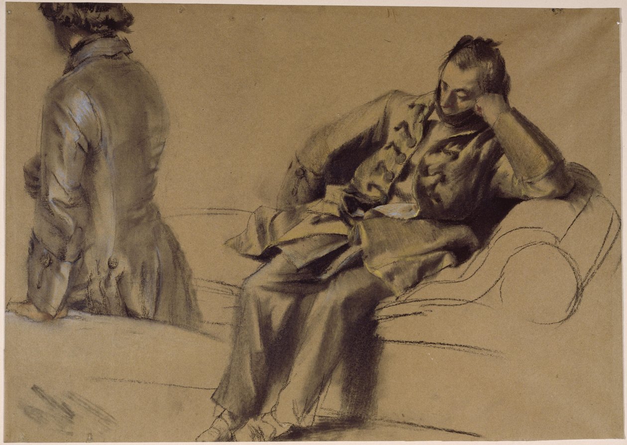Mann i frakk med skjøter sittende på sofaen, en annen gående av Adolph Menzel